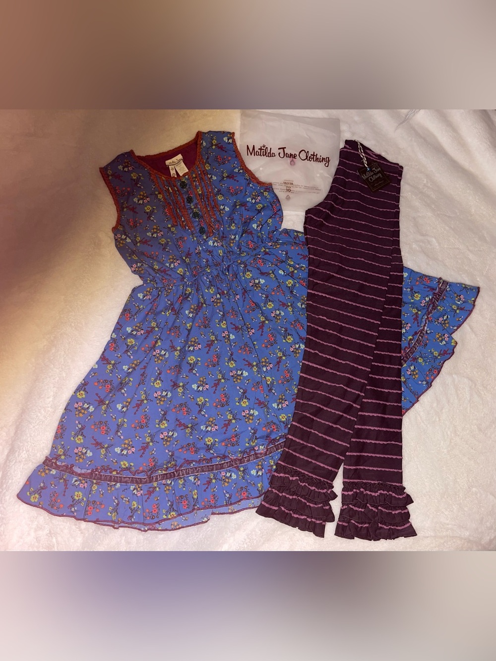 Matilda Jane Blue Floral Dress with Purple Striped Ruffle Leggings